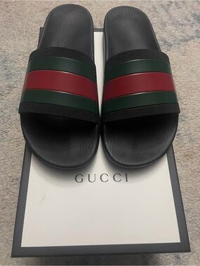 Gucci Black Slides with Iconic Green and Red Stripes